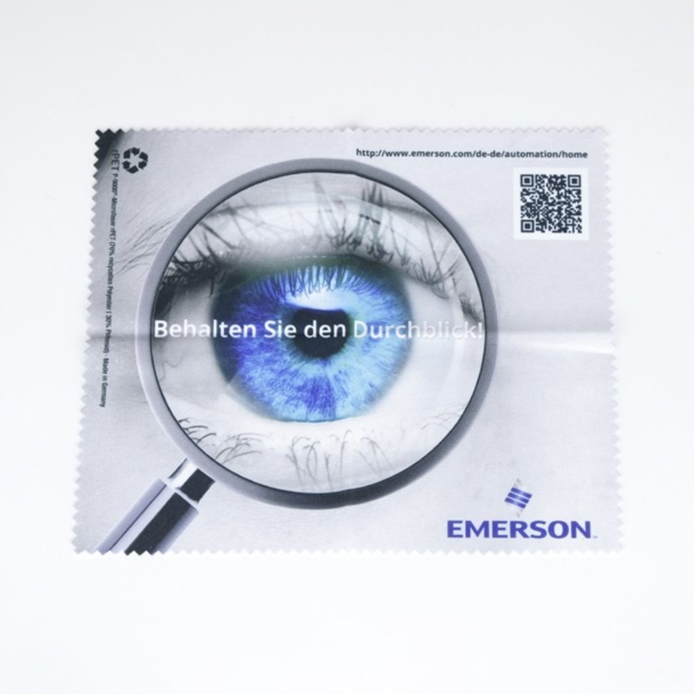 rPET Brillentuch aus recycelter P-9000®-Microfaser im Papieretui - Design Auge